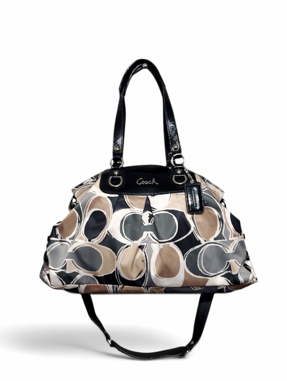 Coach Ashley Scarf Print Signature Sateen & Black  Leather Satchel Like New